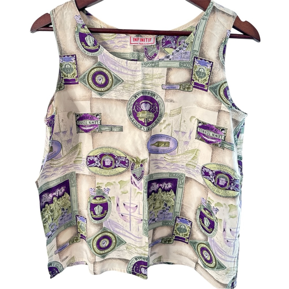 Vintage Infinitif Paris 100% Silk Tank Top Sleeveless M France Art